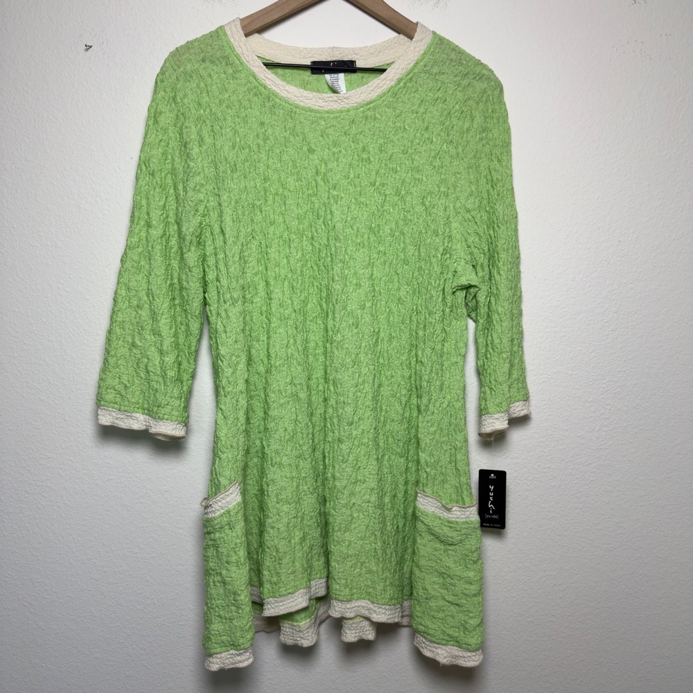NEW Yushi Women Tunic Top XL Green Crinkle‎ Lagenlook Artsy Seersucker Chore